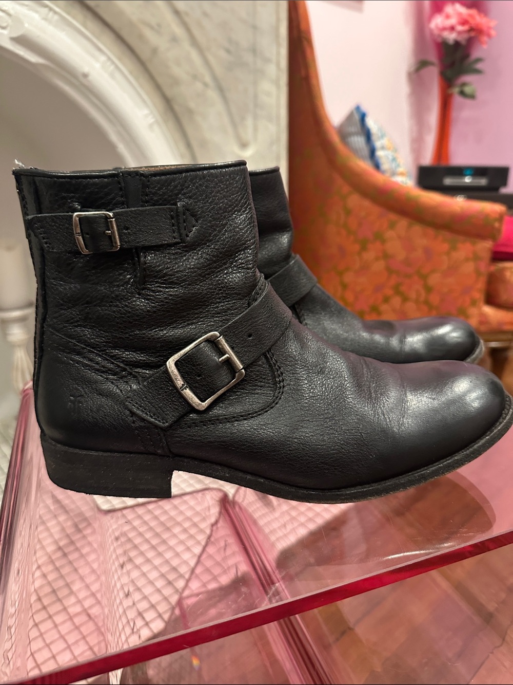Frye Black Leather Buckle Ankle Boots